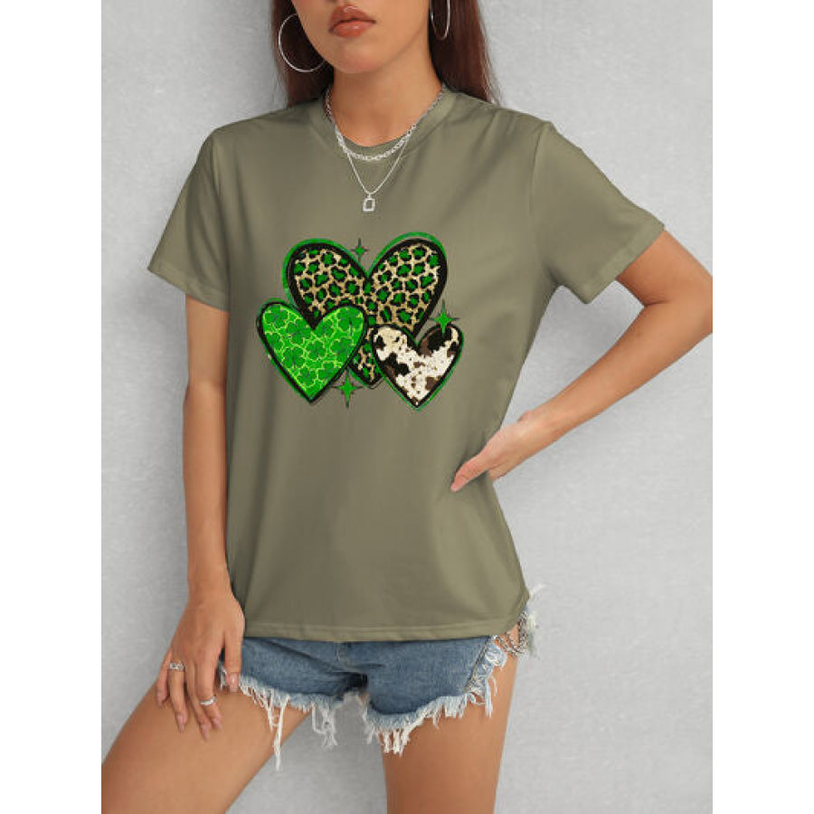 Heart Round Neck Short Sleeve T - Shirt Army Green / S Apparel and Accessories