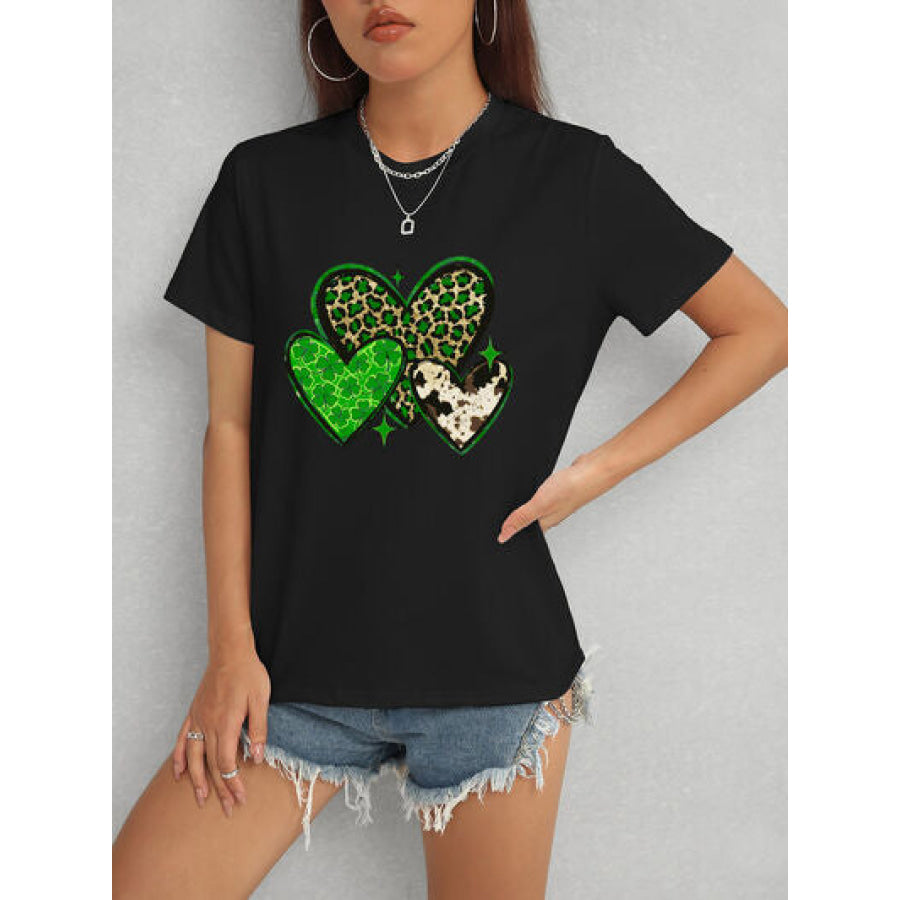 Heart Round Neck Short Sleeve T - Shirt Black / S Apparel and Accessories