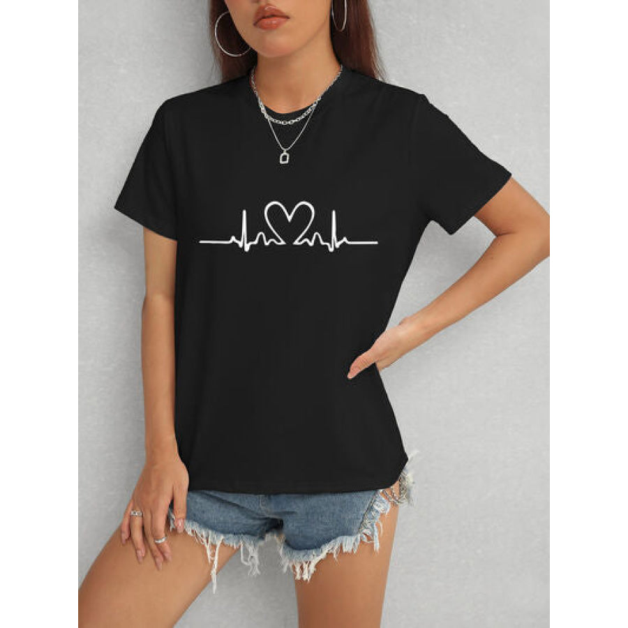 Heart Round Neck Short Sleeve T - Shirt Black / S Apparel and Accessories