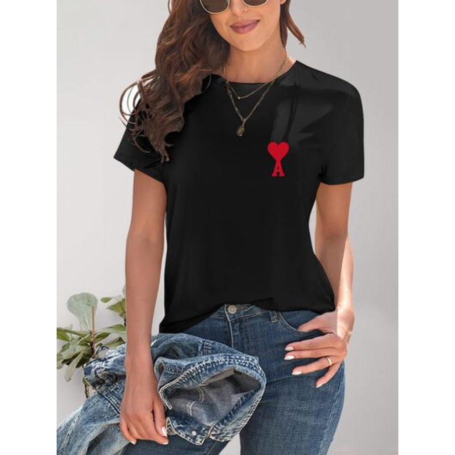 Heart Round Neck Short Sleeve T - Shirt Black / S Apparel and Accessories