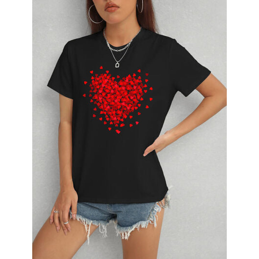 Heart Round Neck Short Sleeve T - Shirt Black / S Apparel and Accessories