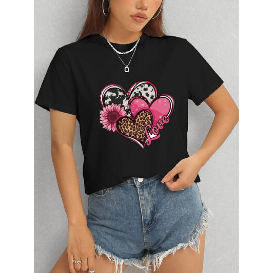 Heart Round Neck Short Sleeve T - Shirt Black / S Apparel and Accessories