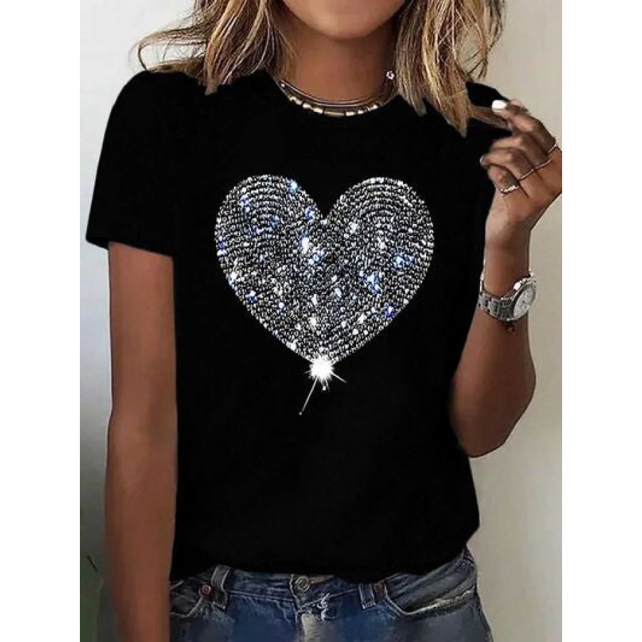 Heart Round Neck Short Sleeve T - Shirt Black / S Apparel and Accessories