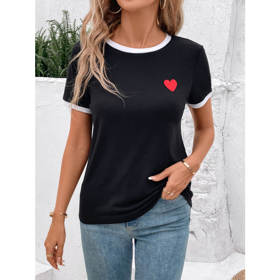 Heart Round Neck Short Sleeve T-Shirt Black / S Apparel and Accessories