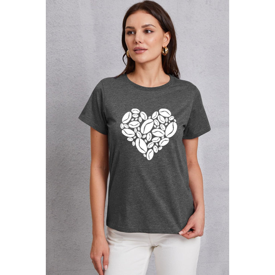 Heart Round Neck Short Sleeve T - Shirt Charcoal / S Apparel and Accessories