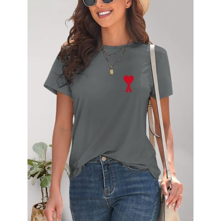 Heart Round Neck Short Sleeve T - Shirt Charcoal / S Apparel and Accessories