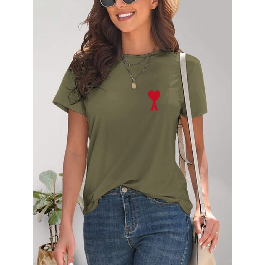 Heart Round Neck Short Sleeve T - Shirt Moss / S Apparel and Accessories