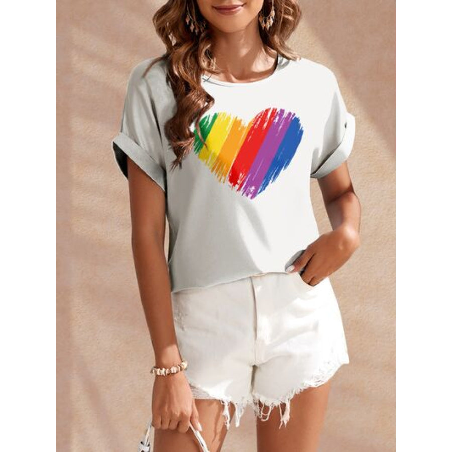 Heart Round Neck Short Sleeve T - Shirt White / S Apparel and Accessories