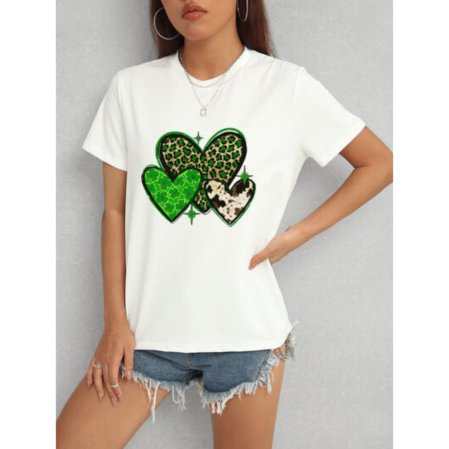 Heart Round Neck Short Sleeve T - Shirt White / S Apparel and Accessories