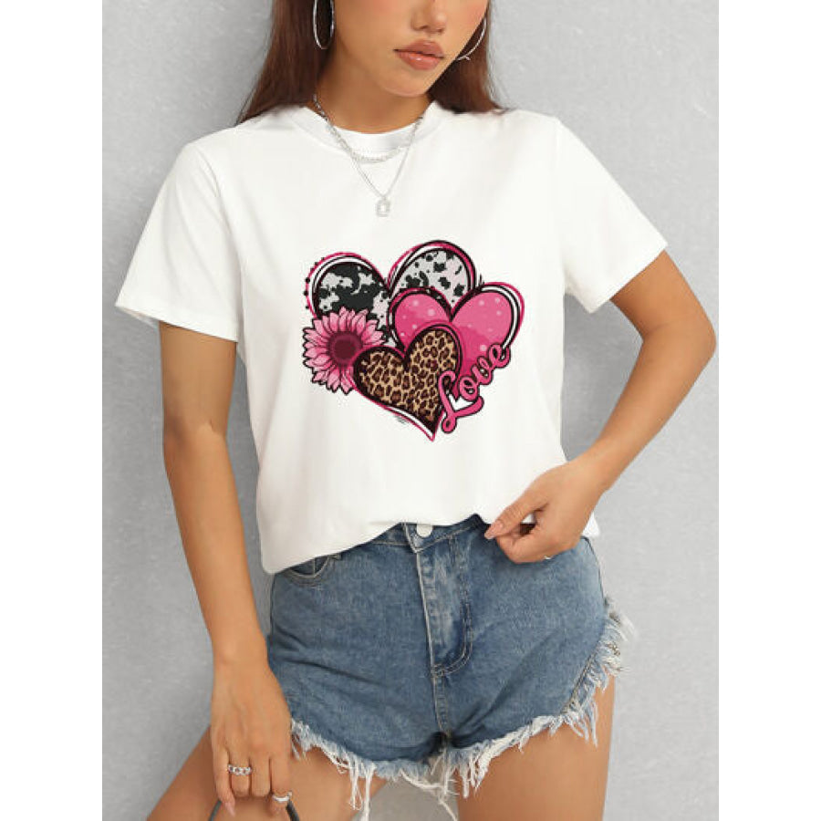 Heart Round Neck Short Sleeve T - Shirt White / S Apparel and Accessories