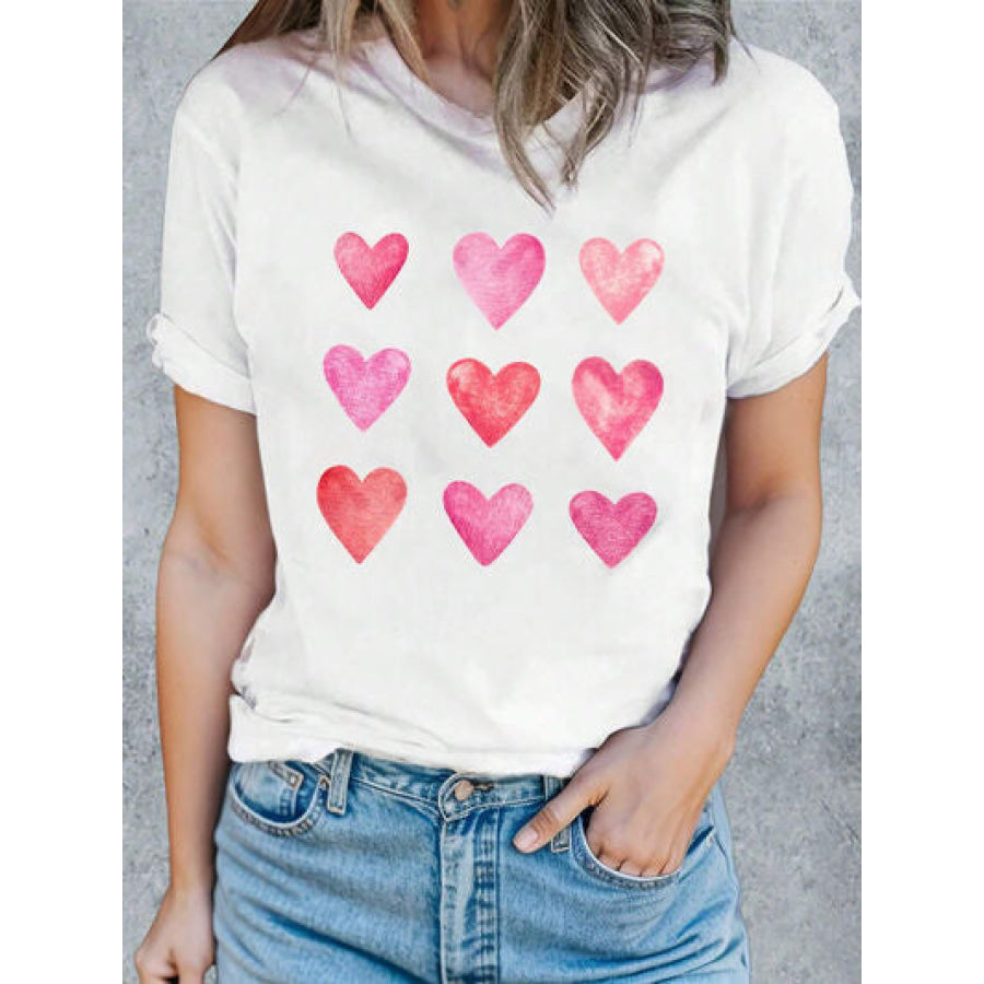 Heart Round Neck Short Sleeve T - Shirt White / S Apparel and Accessories