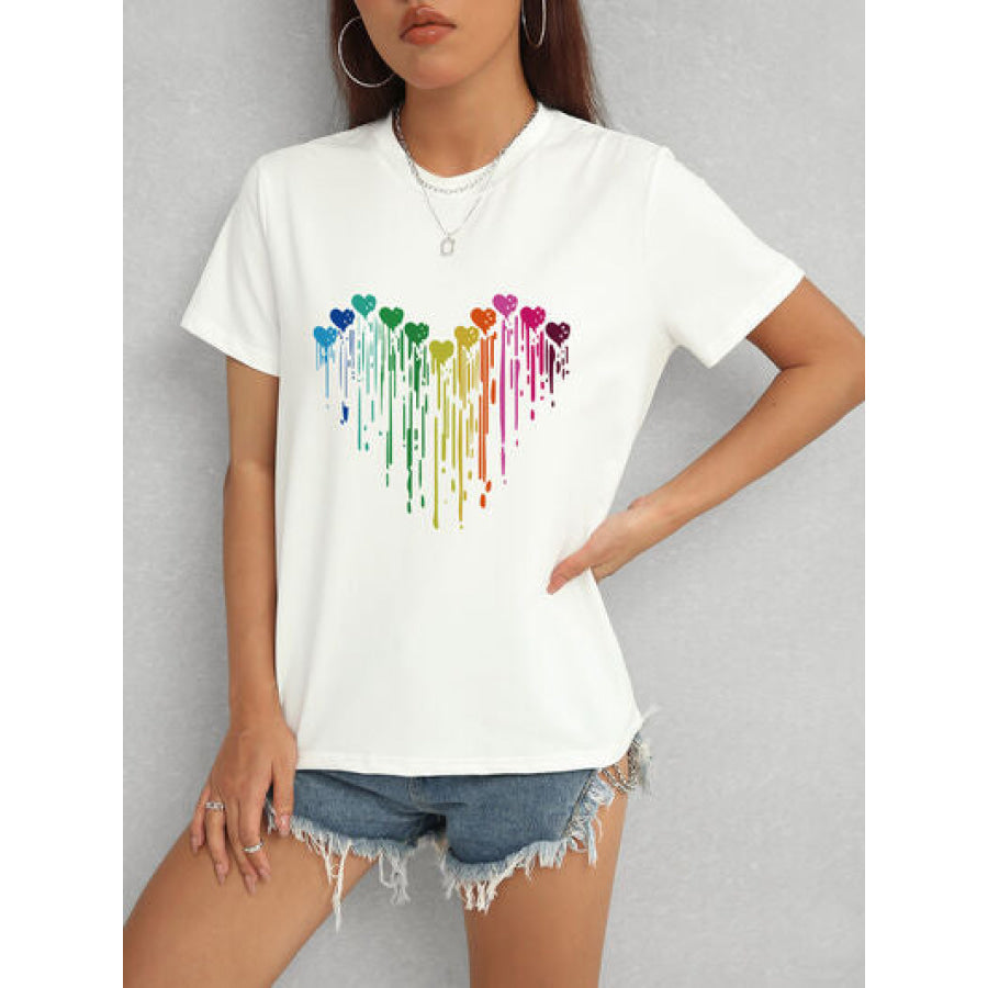 Heart Round Neck Short Sleeve T - Shirt White / S Apparel and Accessories