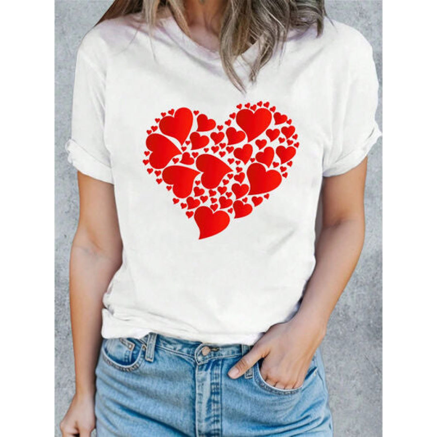 Heart Round Neck Short Sleeve T - Shirt White / S Apparel and Accessories