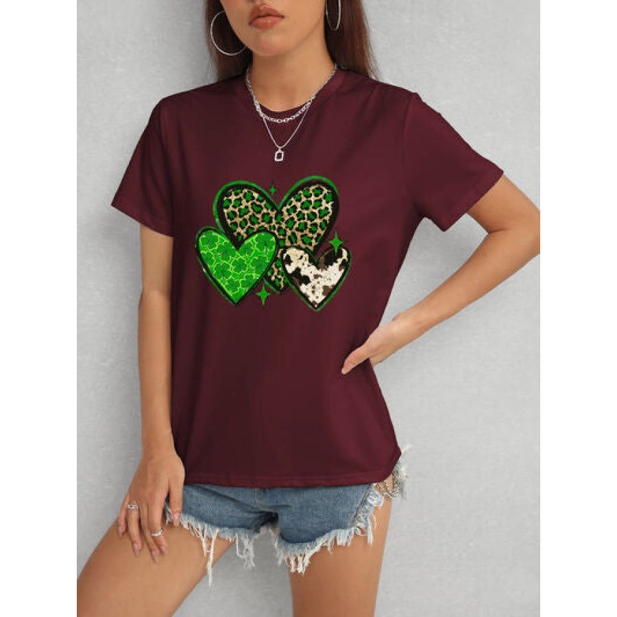 Heart Round Neck Short Sleeve T - Shirt Wine / S Apparel and Accessories