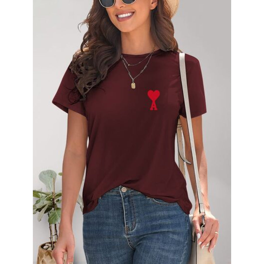 Heart Round Neck Short Sleeve T - Shirt Wine / S Apparel and Accessories