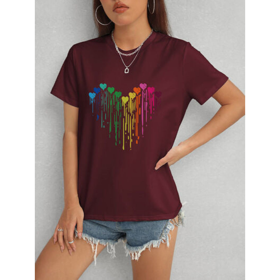 Heart Round Neck Short Sleeve T - Shirt Wine / S Apparel and Accessories