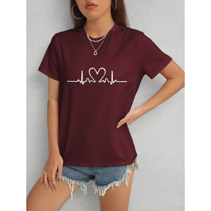 Heart Round Neck Short Sleeve T - Shirt Wine / S Apparel and Accessories