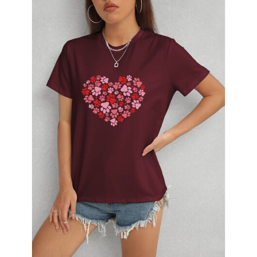 Heart Round Neck Short Sleeve T - Shirt Wine / S Apparel and Accessories