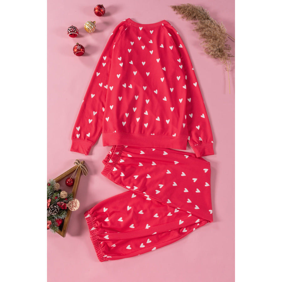 Heart Round Neck Top and Pants Set Apparel and Accessories