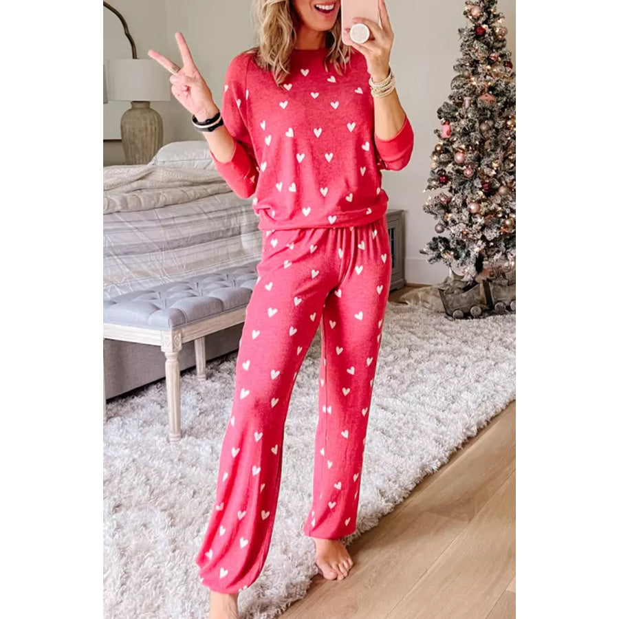 Heart Round Neck Top and Pants Set Red / S Apparel and Accessories