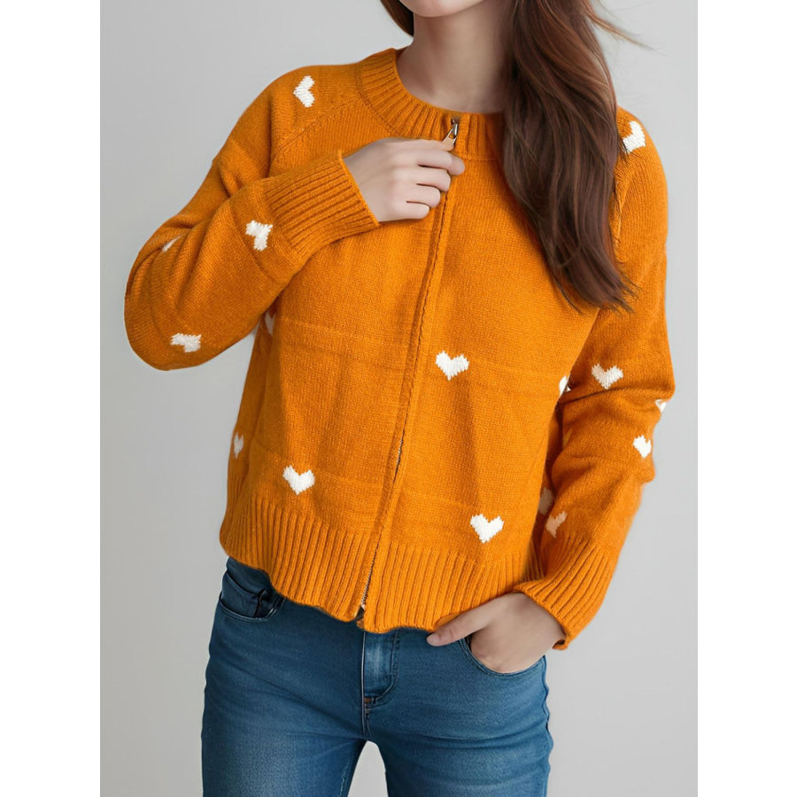 Heart Round Neck Zip Up Cardigan Apparel and Accessories