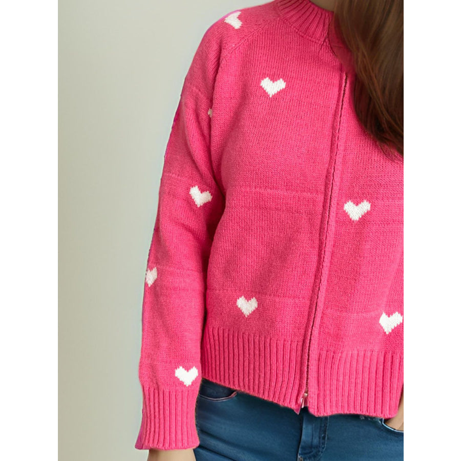 Heart Round Neck Zip Up Cardigan Apparel and Accessories