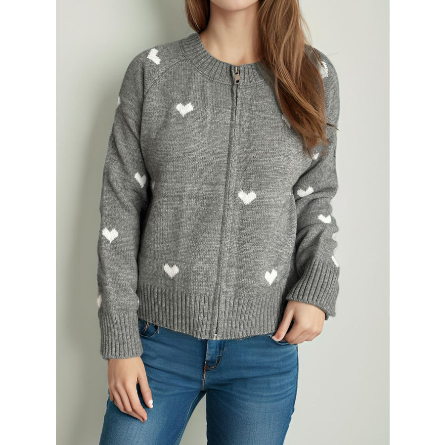 Heart Round Neck Zip Up Cardigan Apparel and Accessories