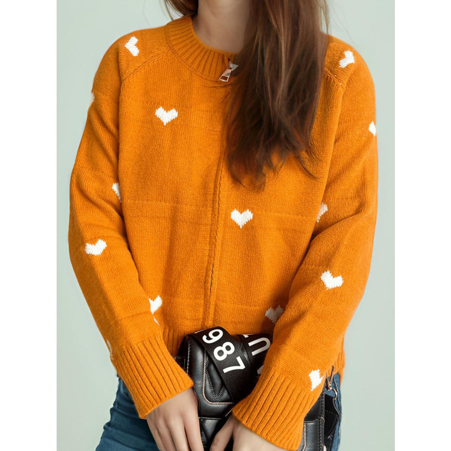 Heart Round Neck Zip Up Cardigan Apparel and Accessories