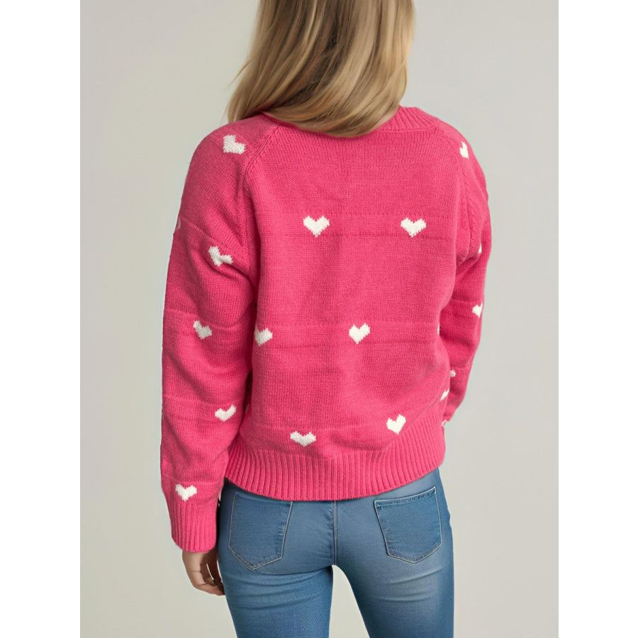 Heart Round Neck Zip Up Cardigan Apparel and Accessories