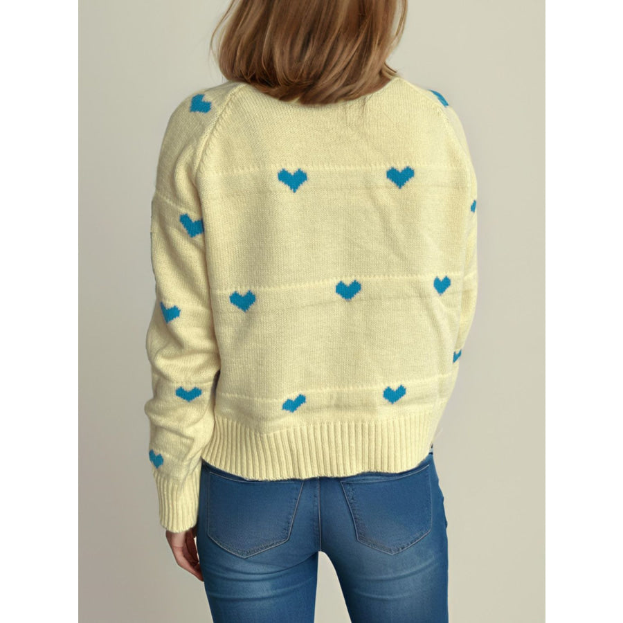 Heart Round Neck Zip Up Cardigan Apparel and Accessories