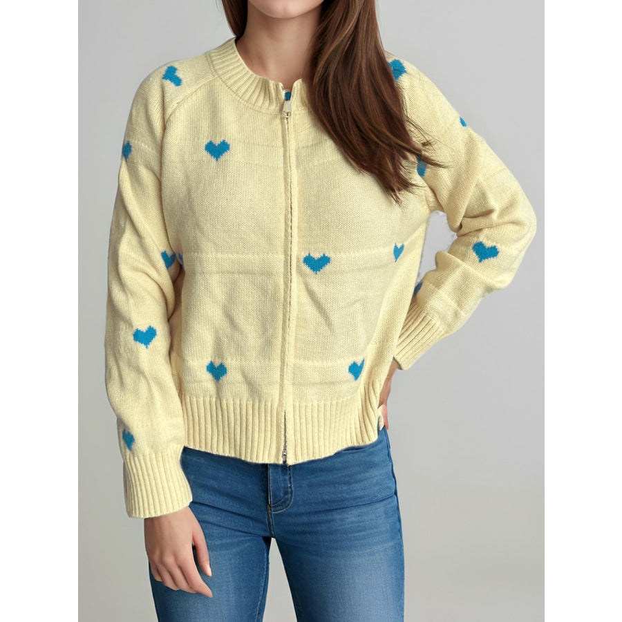 Heart Round Neck Zip Up Cardigan Apparel and Accessories