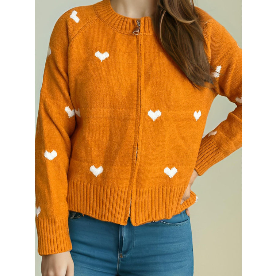 Heart Round Neck Zip Up Cardigan Apparel and Accessories