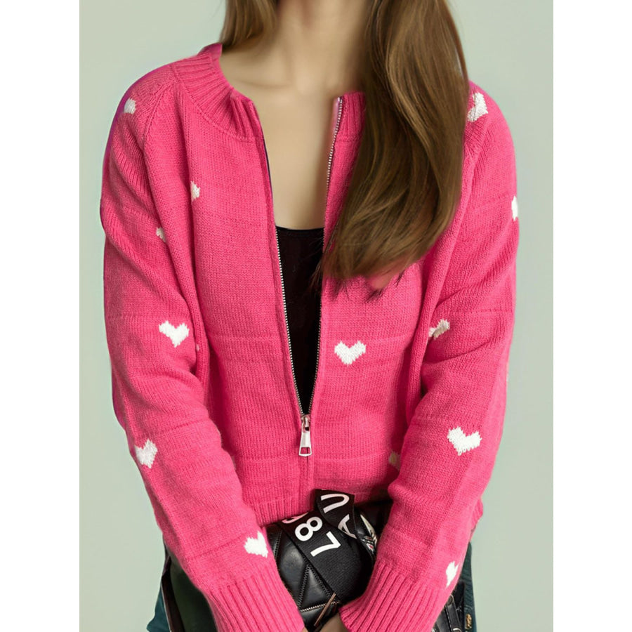 Heart Round Neck Zip Up Cardigan Apparel and Accessories