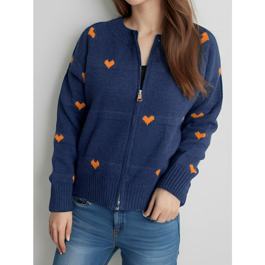 Heart Round Neck Zip Up Cardigan Apparel and Accessories