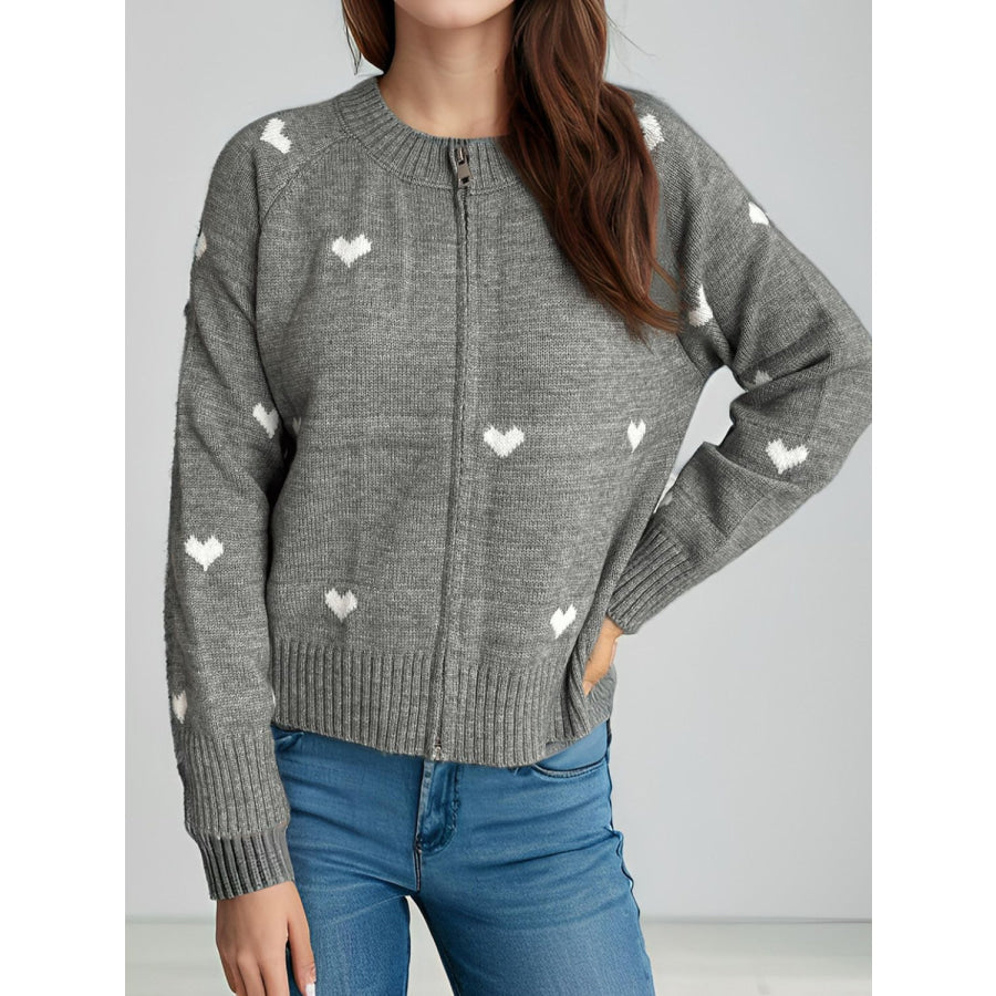 Heart Round Neck Zip Up Cardigan Apparel and Accessories