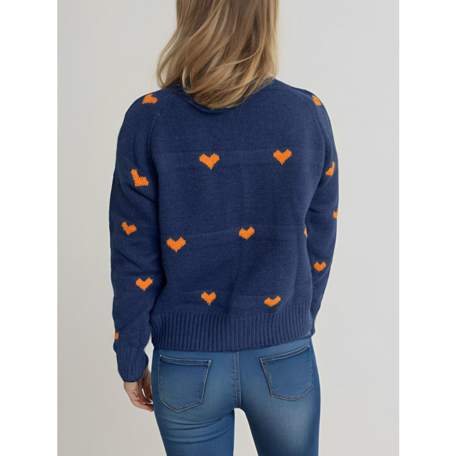 Heart Round Neck Zip Up Cardigan Apparel and Accessories