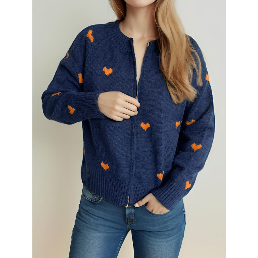 Heart Round Neck Zip Up Cardigan Apparel and Accessories