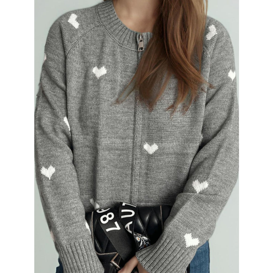 Heart Round Neck Zip Up Cardigan Apparel and Accessories