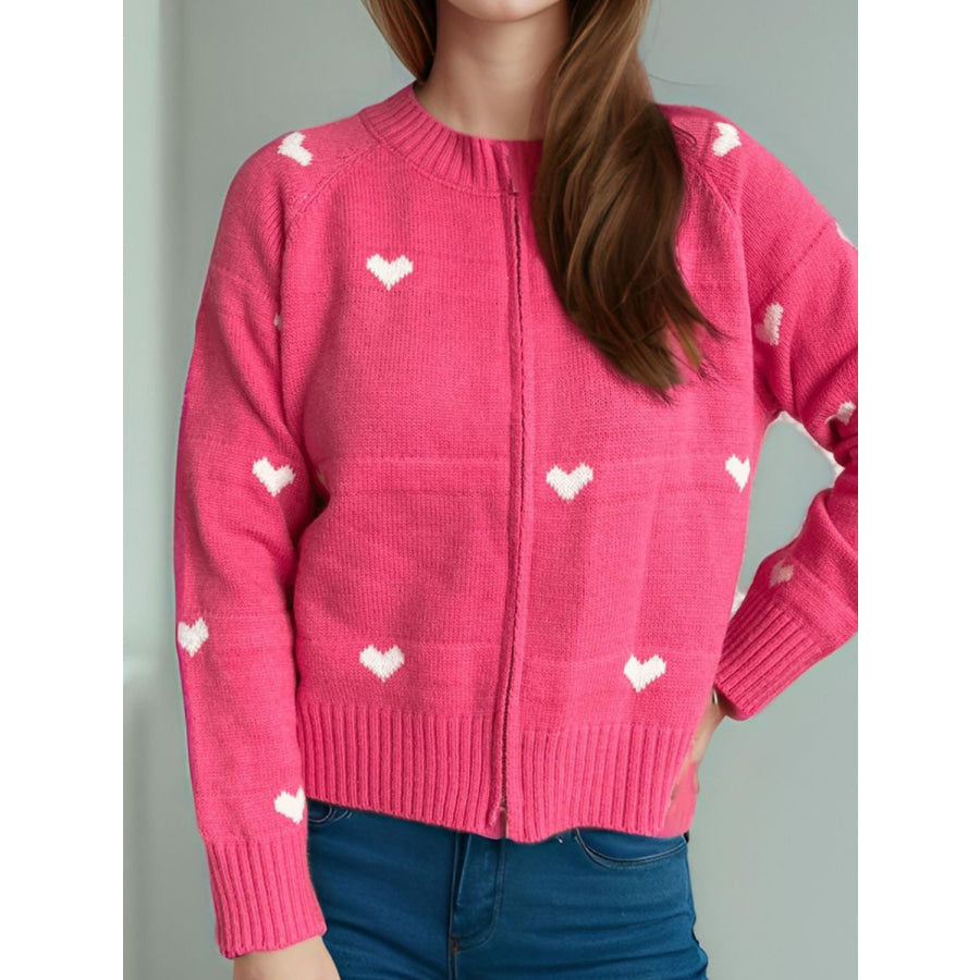 Heart Round Neck Zip Up Cardigan Apparel and Accessories