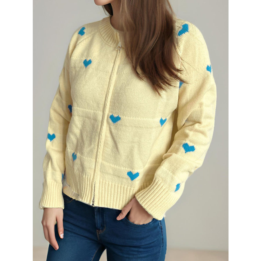 Heart Round Neck Zip Up Cardigan Apparel and Accessories