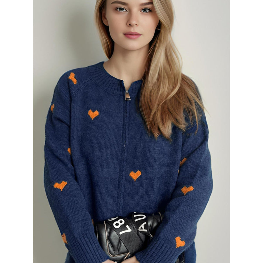 Heart Round Neck Zip Up Cardigan Dark Blue / One Size Apparel and Accessories