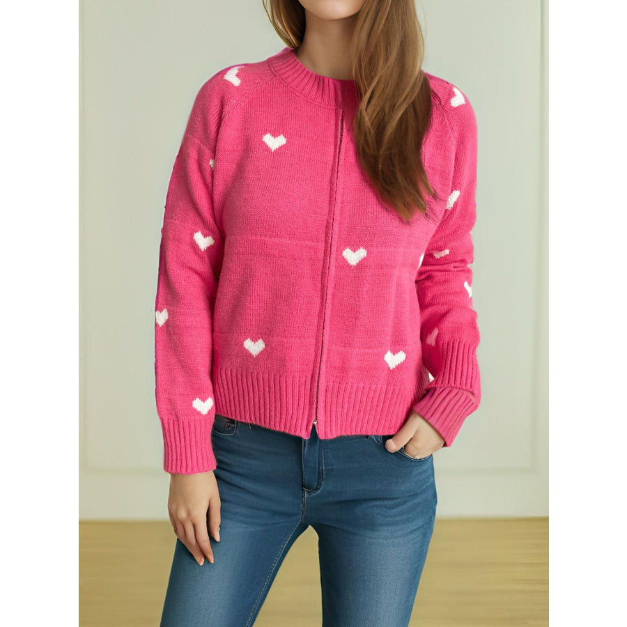 Heart Round Neck Zip Up Cardigan Hot Pink / One Size Apparel and Accessories