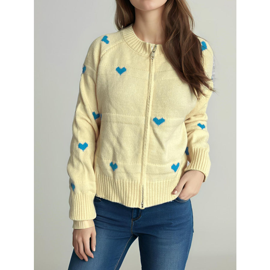 Heart Round Neck Zip Up Cardigan Pastel Yellow / One Size Apparel and Accessories