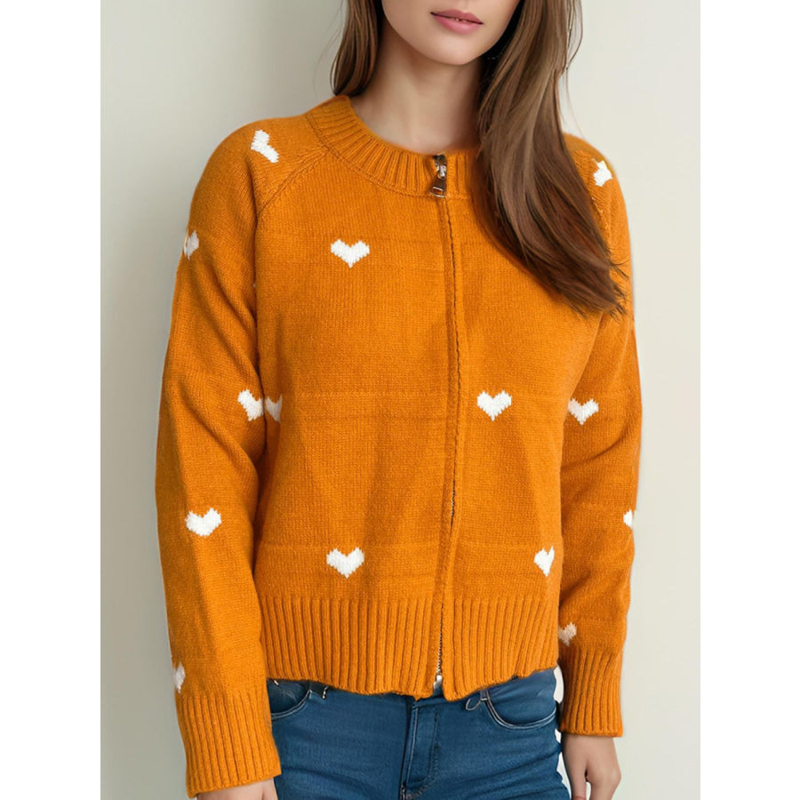 Heart Round Neck Zip Up Cardigan Tangerine / One Size Apparel and Accessories