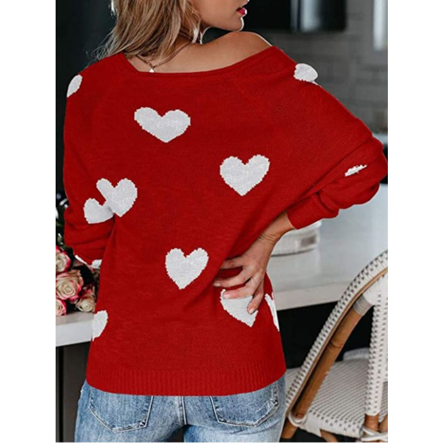 Heart Scoop Neck Long Sleeve Sweater Apparel and Accessories