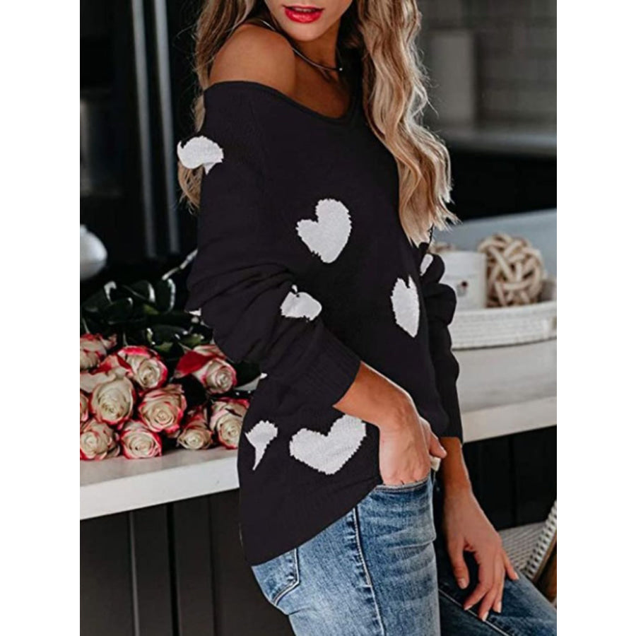 Heart Scoop Neck Long Sleeve Sweater Apparel and Accessories