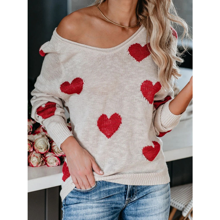 Heart Scoop Neck Long Sleeve Sweater Eggshell / S Apparel and Accessories