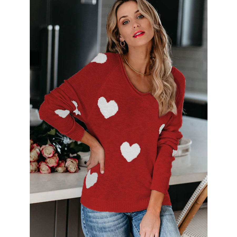 Heart Scoop Neck Long Sleeve Sweater Apparel and Accessories