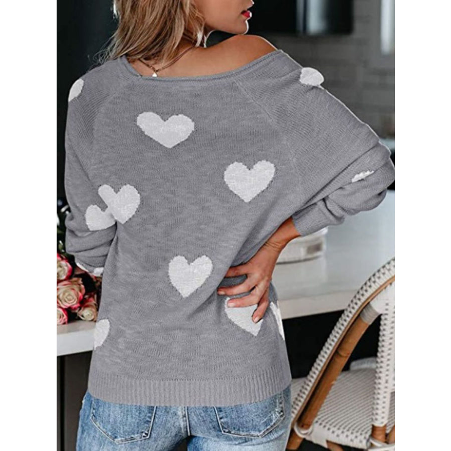 Heart Scoop Neck Long Sleeve Sweater Apparel and Accessories