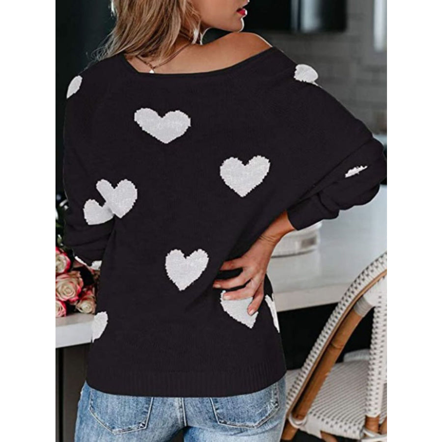 Heart Scoop Neck Long Sleeve Sweater Apparel and Accessories